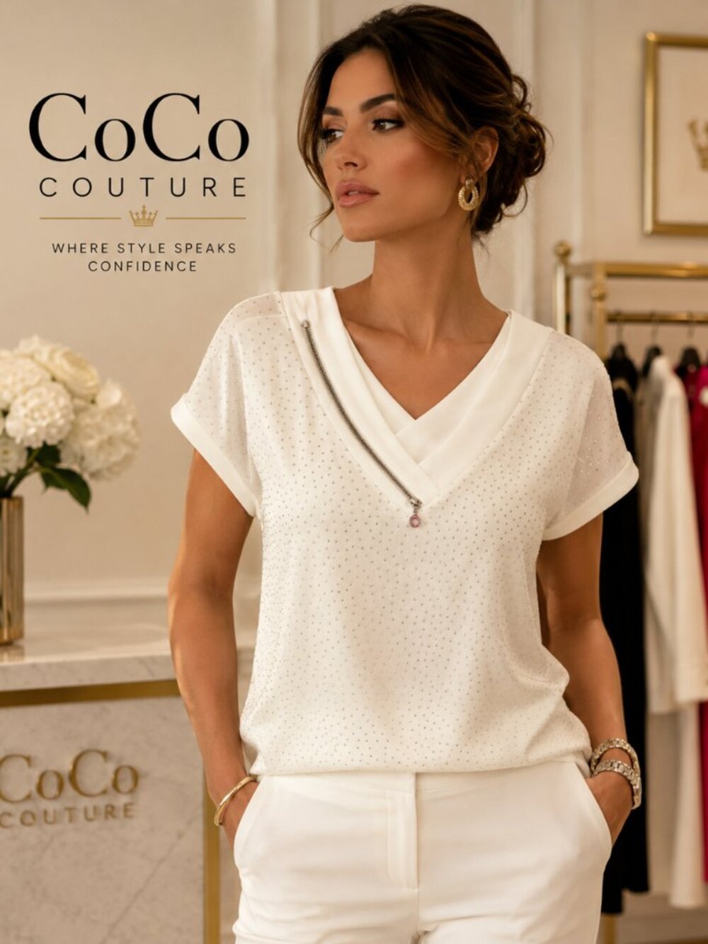 261347 Cream Short Sleeve Top with Wilver front side Zipper and Silver Sparkles